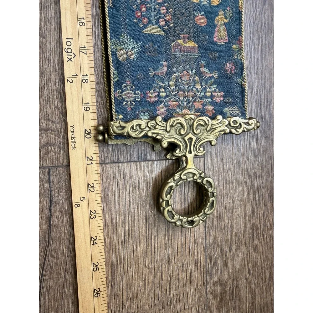 Corona Decor Co Bell Pull Tapestry Sampler Blue Brass Hardware Wall Hanging